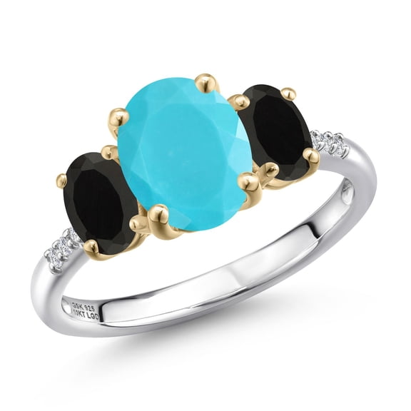 Gem Stone King 925 Silver and 10K Yellow Gold Green Turquoise and Black Onyx and Lab Grown Diamond Engagement Ring for Women | 2.36 Cttw | Oval 9X7MM | Birthstone | Size 6