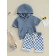 thumbnail image 3 of Suealasg Kids Boys Summer Outfits 6M 1T 2T 3T Toddler Boys Solid Color Hooded Short Sleeve T-Shirts Tops and Checkerboard Elastic Waist Shorts 2Pcs Causal Clothing for Baby Boys, 3 of 9