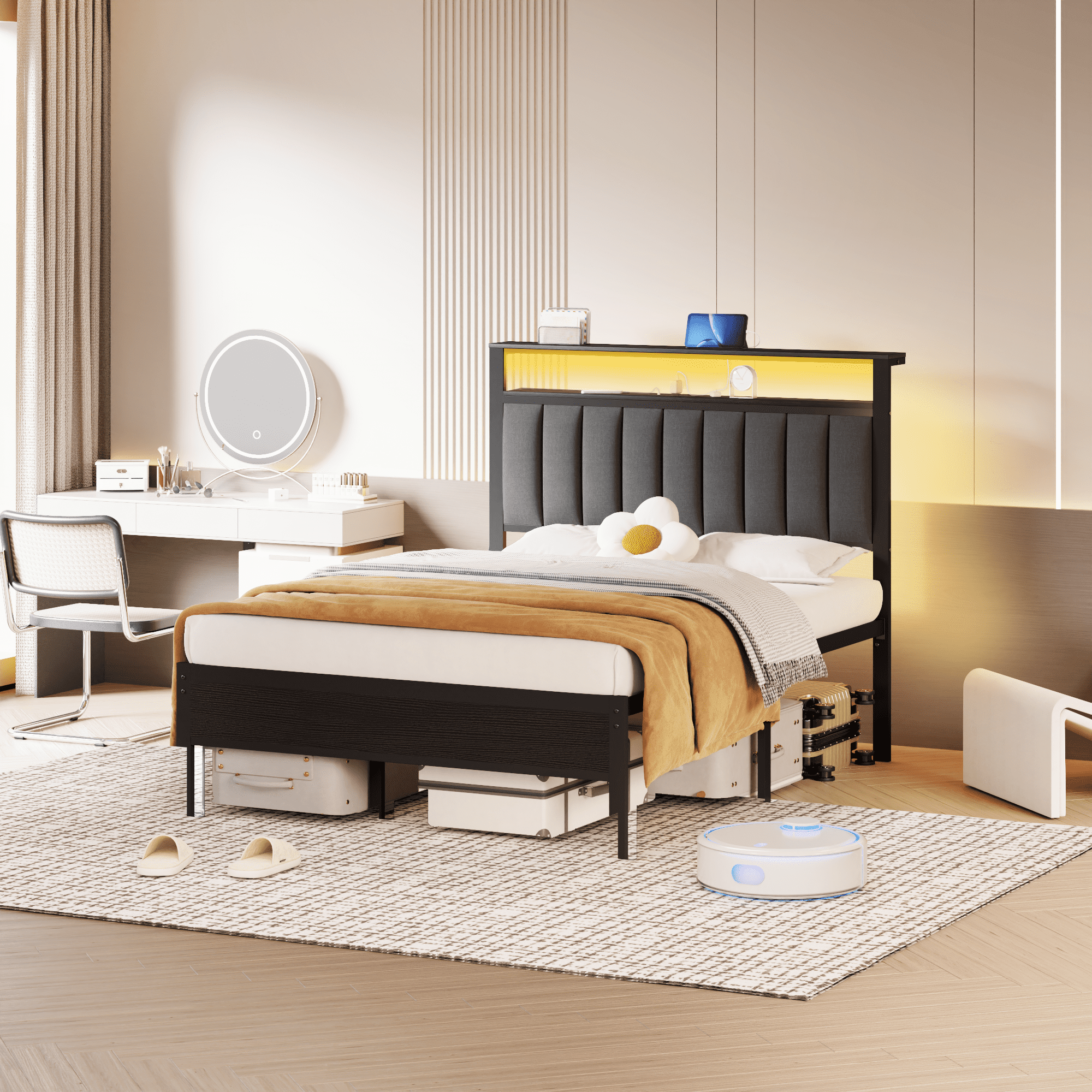 Tydimor Electric Full Size Platforrm Bed Frames with Charging Station, LED Standard Storage Space Bed for Bedroom, No Box Spring Needed