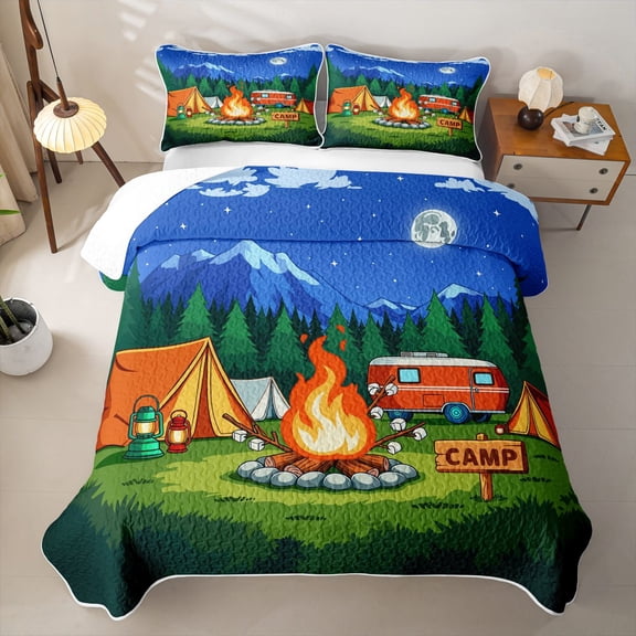 Catabedysis Night Camping Quilt Full,Campfire Camper Print Full Bedspread Sets For Boys,Multicolor,3Pcs