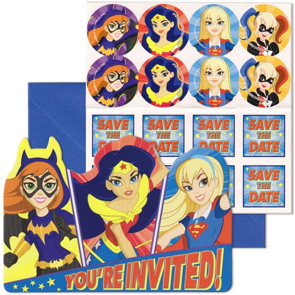 dc superhero girls birthday girl party invitation 16 count save the date stickers superhero party invitations