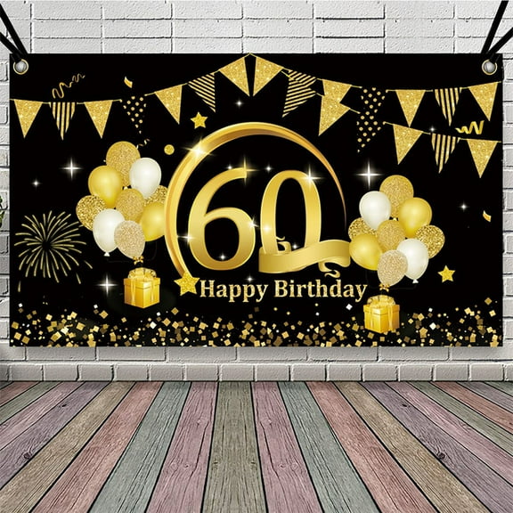 60th Birthday Banner for Men Women, 60th Party Decoration Supplies Backdrop Large Black Gold Sign Poster Photo Booth Background Decor Indoor Outdoor, 70.8 x 43.3 Inch