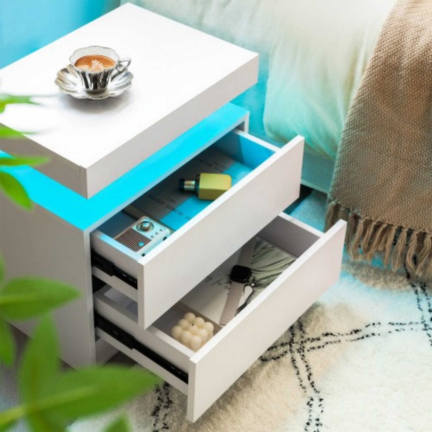 Nightstand with LED Lights, Modern Bedside Table with 2 Drawers and Open Storage, Adjustable RGB Light End Table for Bedroom Living Room Office, White