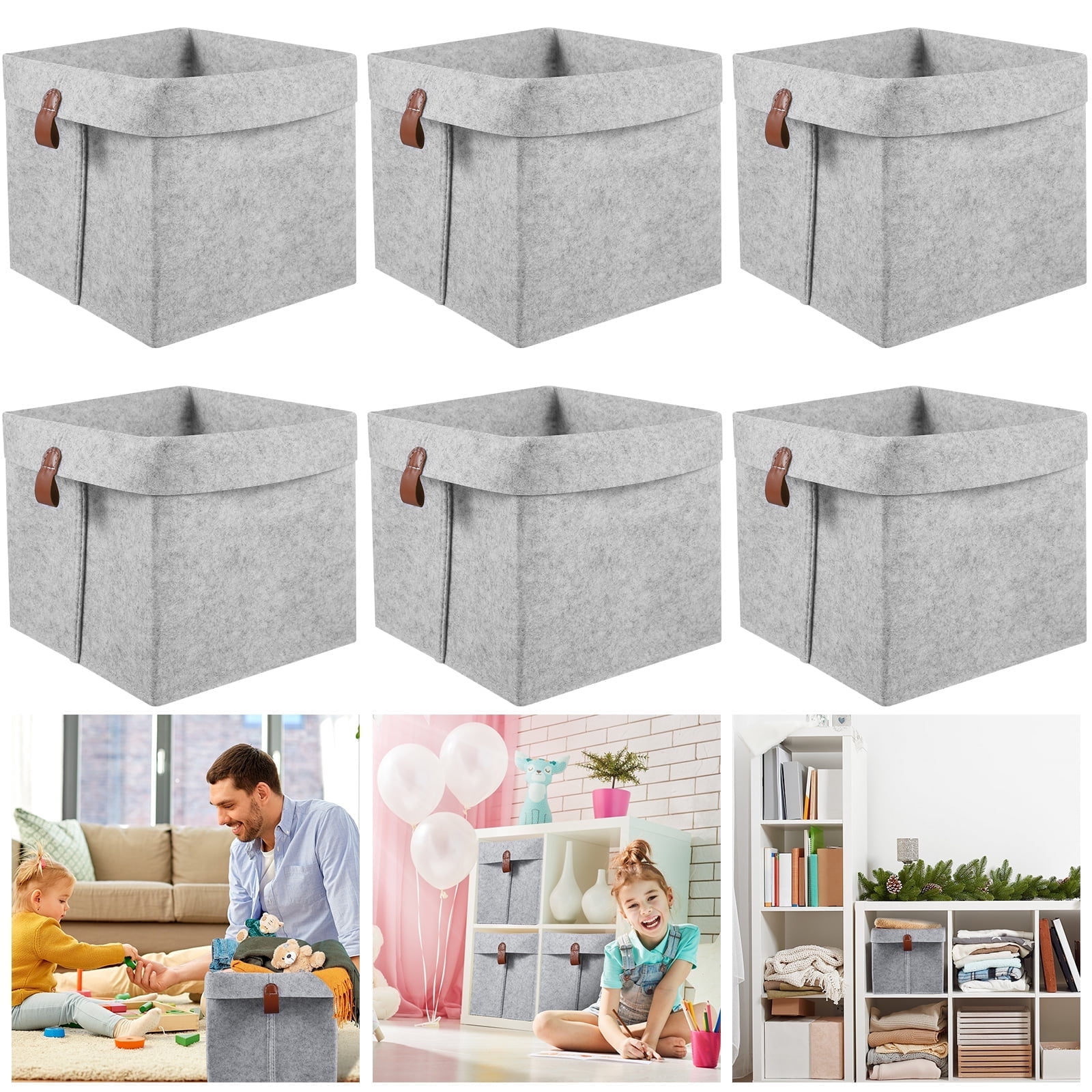 Tzdxfgl Collapsible Felt Fabric Cubes Storage Bins, 9"x9"x10.2", 6 Pack, Gray