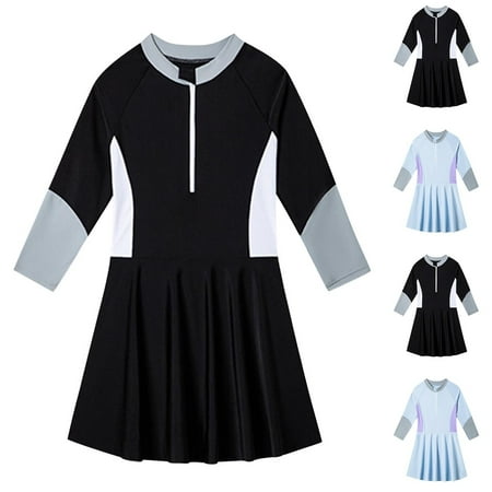 Hinvhai Fashion Swimsuit for Toddler Girls Clearance Classic Color Block Long Sleeve Round Neck Swim Set Bathing Suit Beach Swimwear Pleated Skirt Blue 3 Years