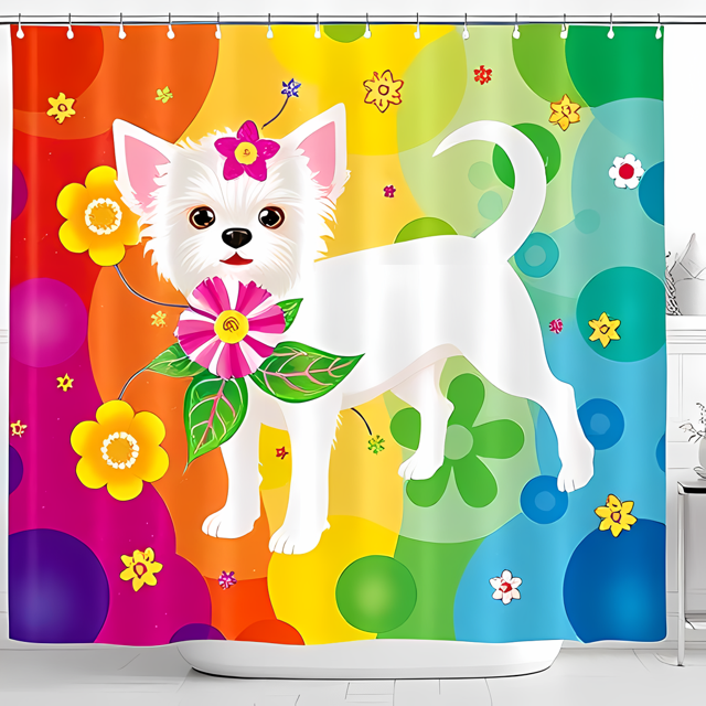 Vibrant White Dog Shower Curtain with Pink Flowers & Colorful Floral Patterns - Fun Bathroom Decor