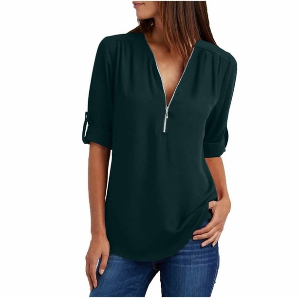Scyoekwg Womens Plus Size Chiffon Tops 3/4 Sleeve Zipper Shirt V Neck ...