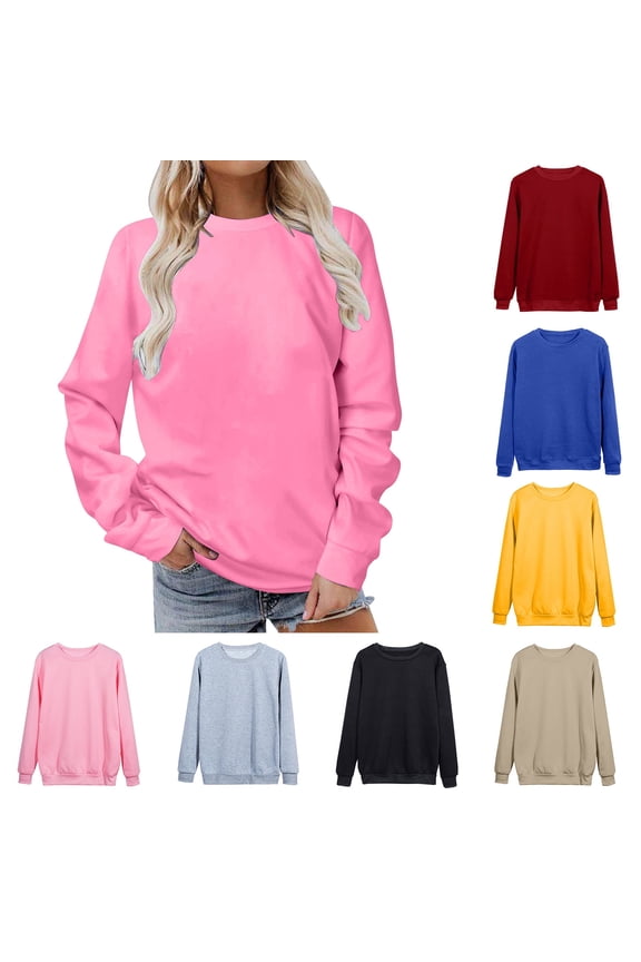 Womens Casual Hoodies Pullover Tops Long Sleeves Casual Shirts Color Round Neck Sweatshirt Crewneck Pullover Tunic Tops Fall Winter Outfits Clothes
