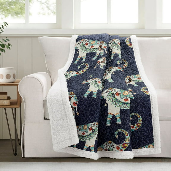 Lush Decor Hati Elephants Sherpa Throw Navy Single 50X60