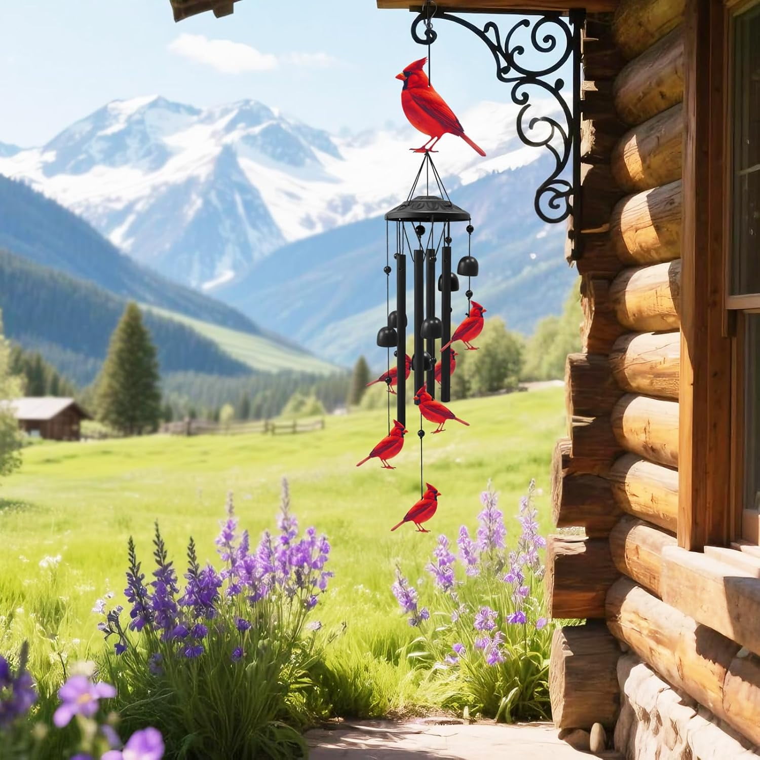 Cardinal Wind Chime for Outside 35.4", Black Metal Outdoor Windchime, Yard Decor Memorial Sympathy Gifts