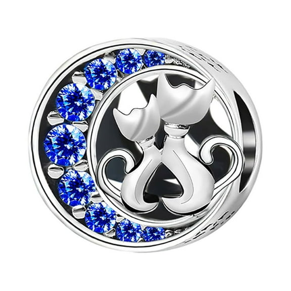 Cuddling Kitty Cats Charm European Bead Blue CZ Sterling Silver Ginger Lyne Collection