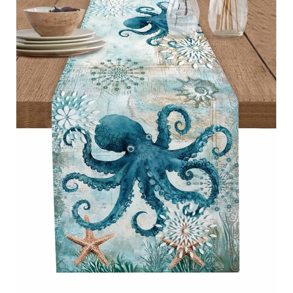 Boanket Coastal Octopus Table Runner - 70 Inch Long, Kitchen Dining Table Runner Dresser Scarves, Teal Nautical Beach Starfish Vintage Farmhouse Home Decor for Coffee Table Wedding Party Banquet