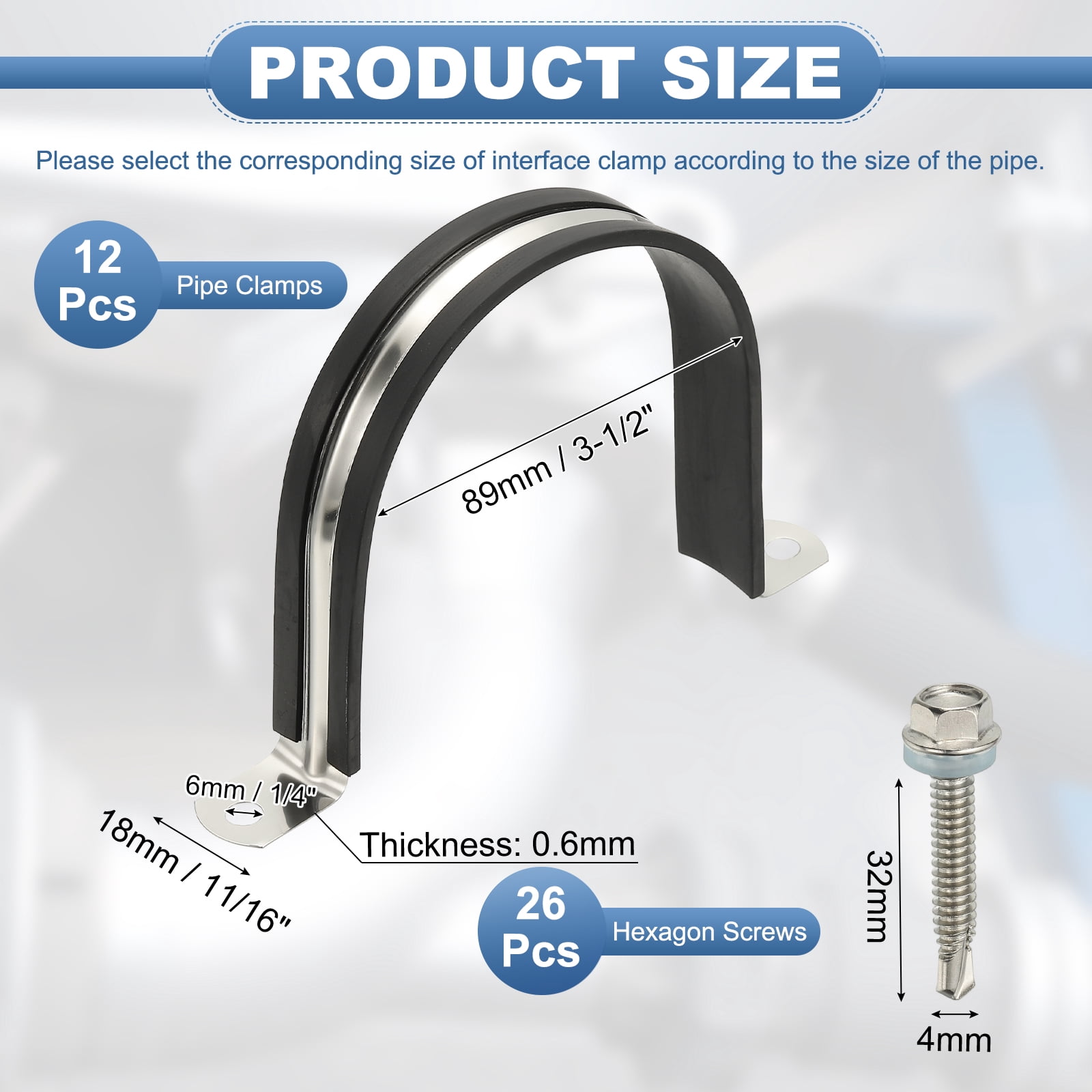 Uxcell 12Pcs Pipe Clamps, 3-1/2 Inch 304 Stainless Steel Rubber Cushioned U Bracket