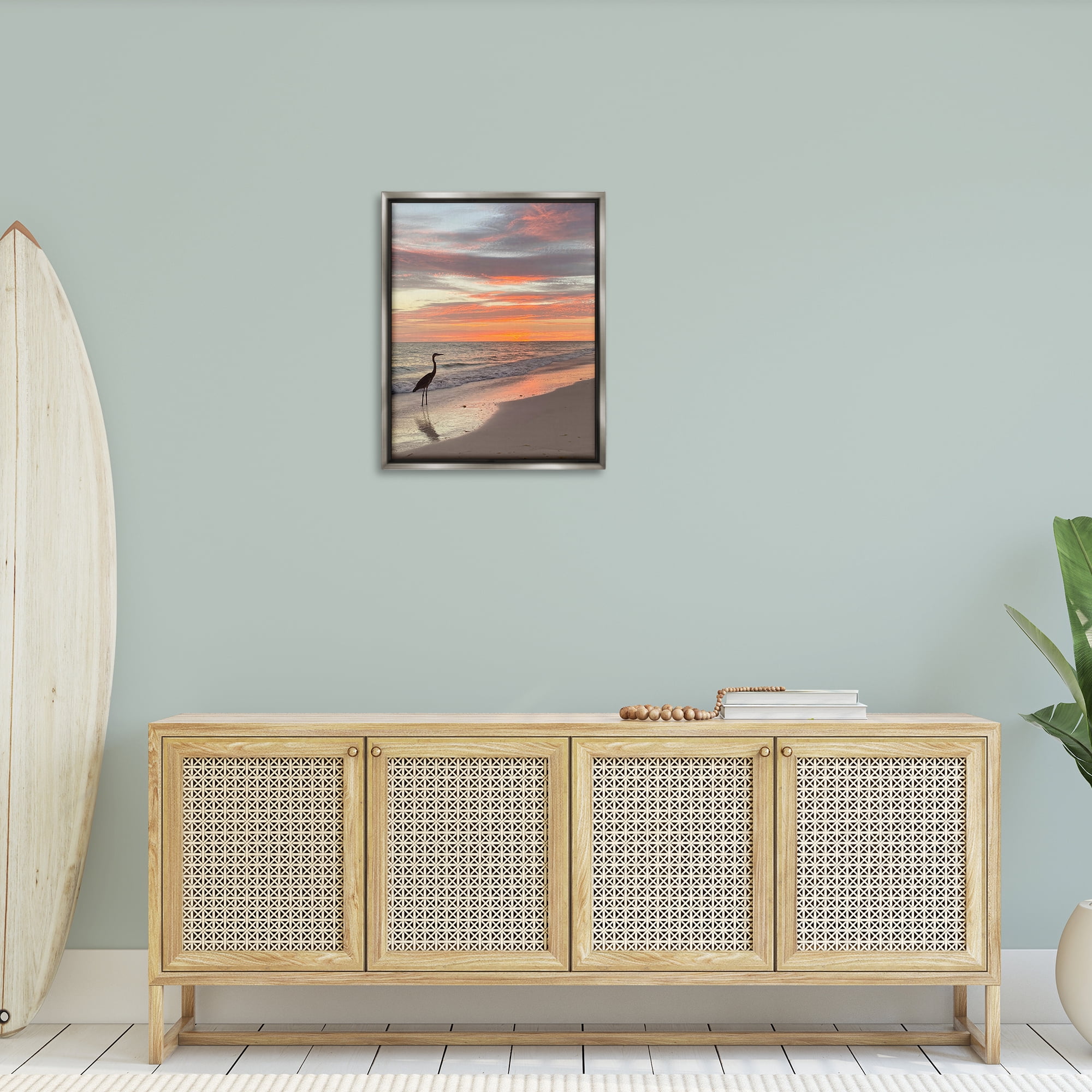 Stupell Industries Lone Egret on Beach Nautical & Beach Photography Gray Floater Framed Canvas Art Print Wall Art, 25 x 31