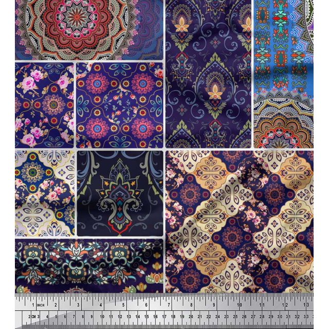 Soimoi Poly Georgette Fabric Ogee & Mandala Patchwork Decor Fabric Printed Yard 42 Inch Wide