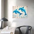 thumbnail image 4 of JEUXUS  Jumping Dolphins Teal Blue Bathroom Wall Decor Ocean Animal Painting Wood Texture Background Art Print on Canvas Framed Artwork Ready to Hang  16x12in, 4 of 6