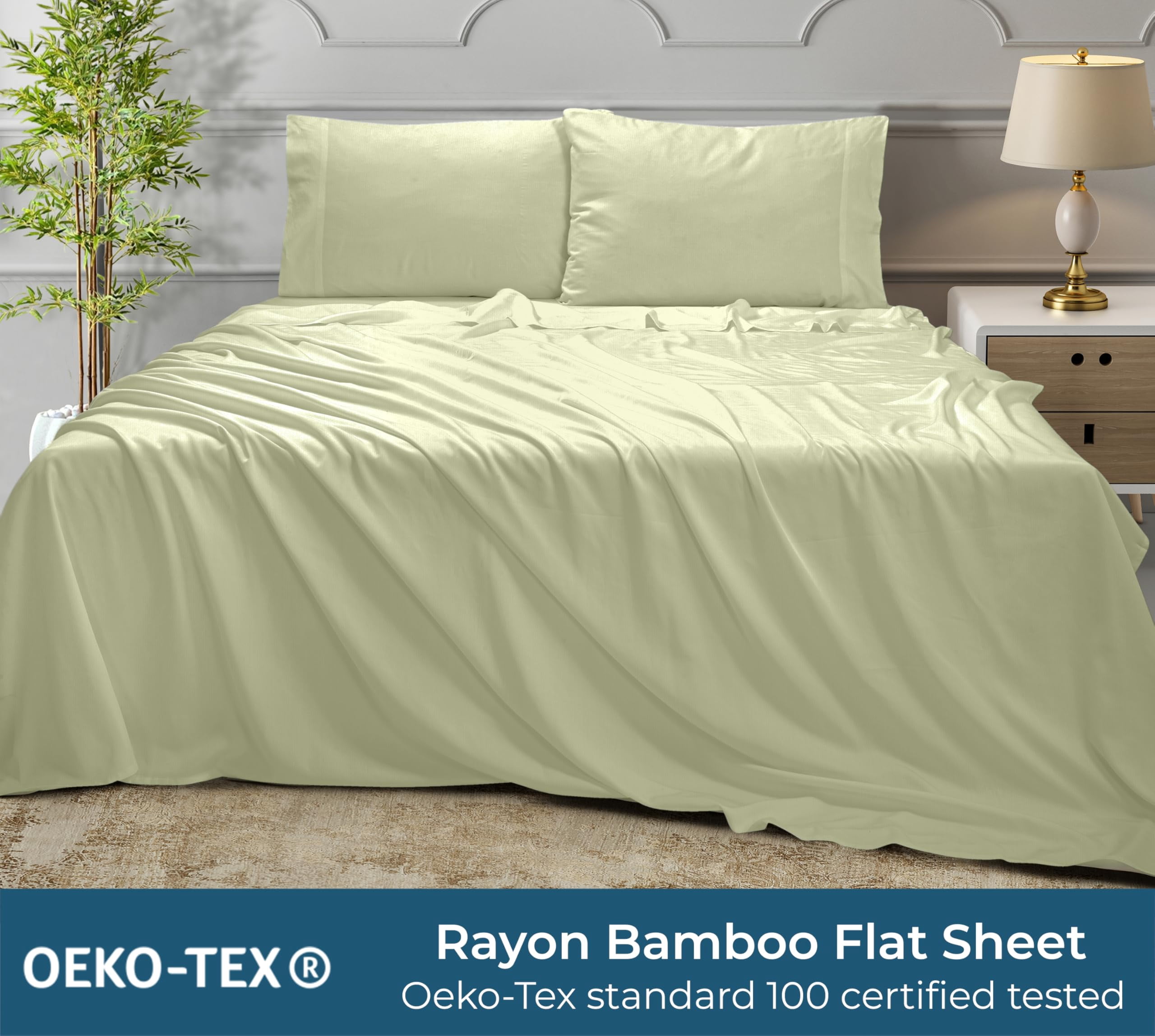Royale Linens Bamboo Queen Flat Sheets Only - Cooling Sheets - Organic Viscose Derived from Bamboo - Queen Size Flat Sheet Only - Top Sheet - Breathable & Silky Bedding (Queen, Sage Green)