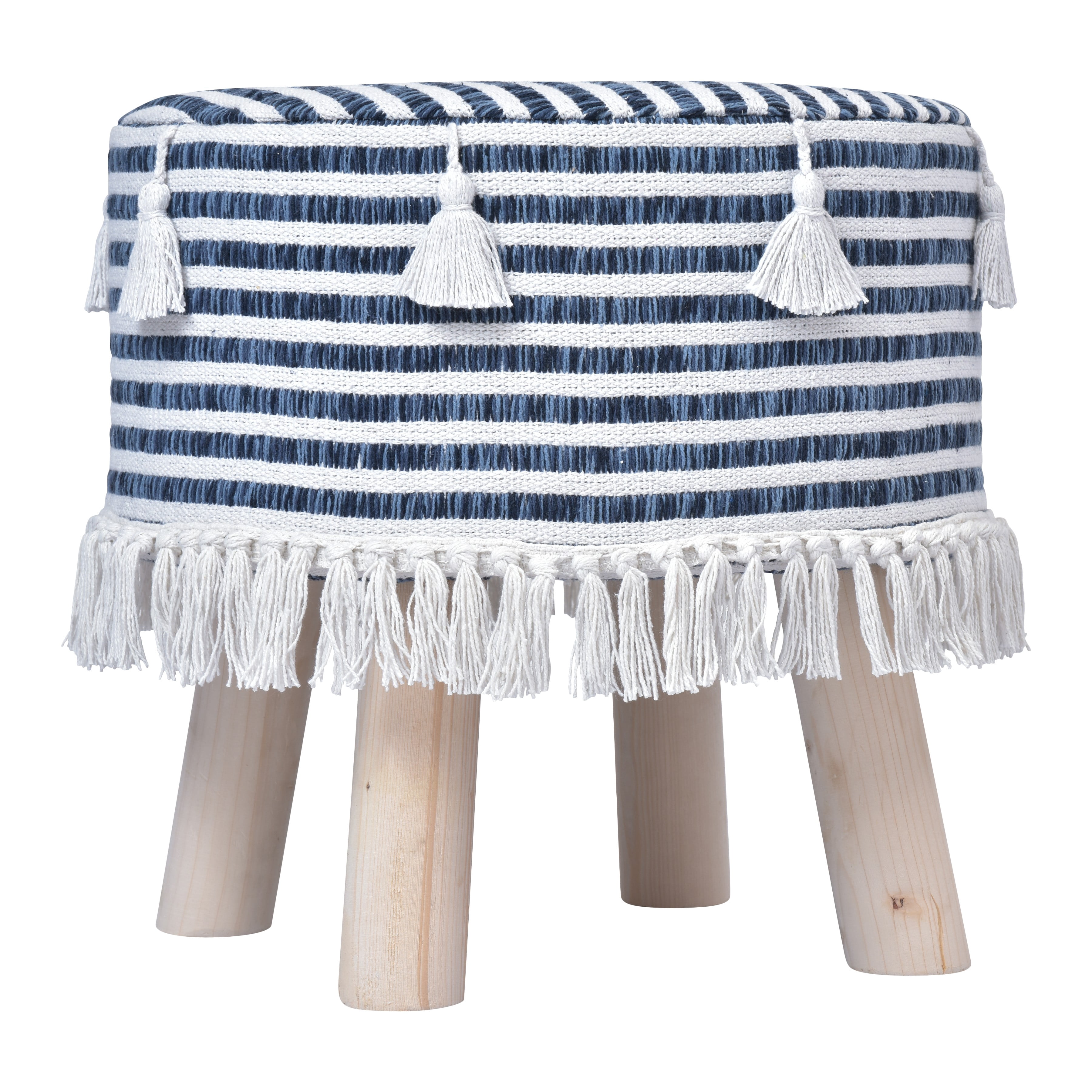 Ox Bay Alder Handmade Blue/White Striped Organic Cotton Stool, 16" x 16"