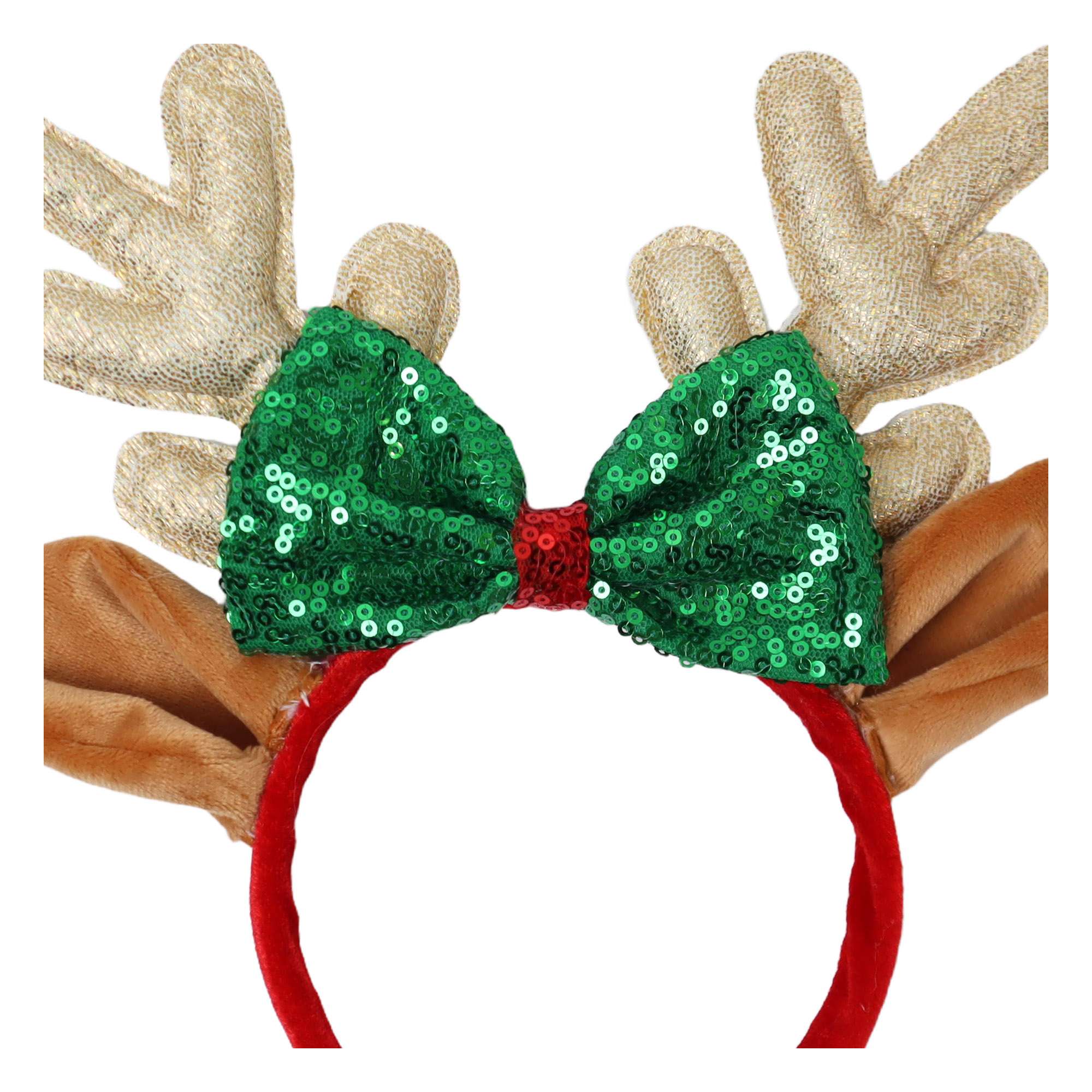 Holiday time reindeer with green bow headband,9 inch height,multi colour