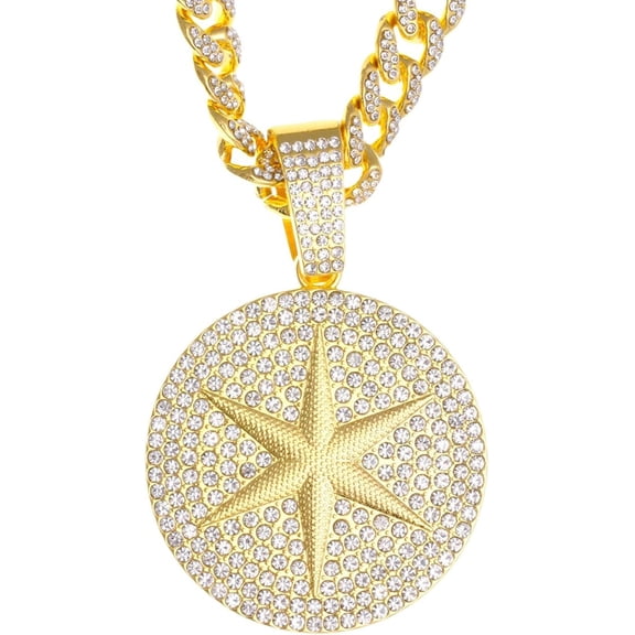 Round star Hip-hop Cuban Chain, Rhinestone Pendant Necklace Jewelry For Men,Men's Fashion Jewelry