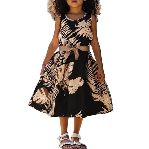 Rggeeun Toddler Summer Sleeveless Leaf Printed Girls Dress Cozy Casual O-Neck Sundress