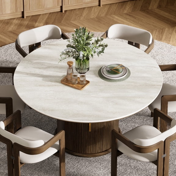 BEDEEP 55" Round Dining Table for 6 with Storage, Small Travertine Dining Table with Sintered Stone Top, Farmhouse Pedestal Fluted Dining Room Table, Walnut