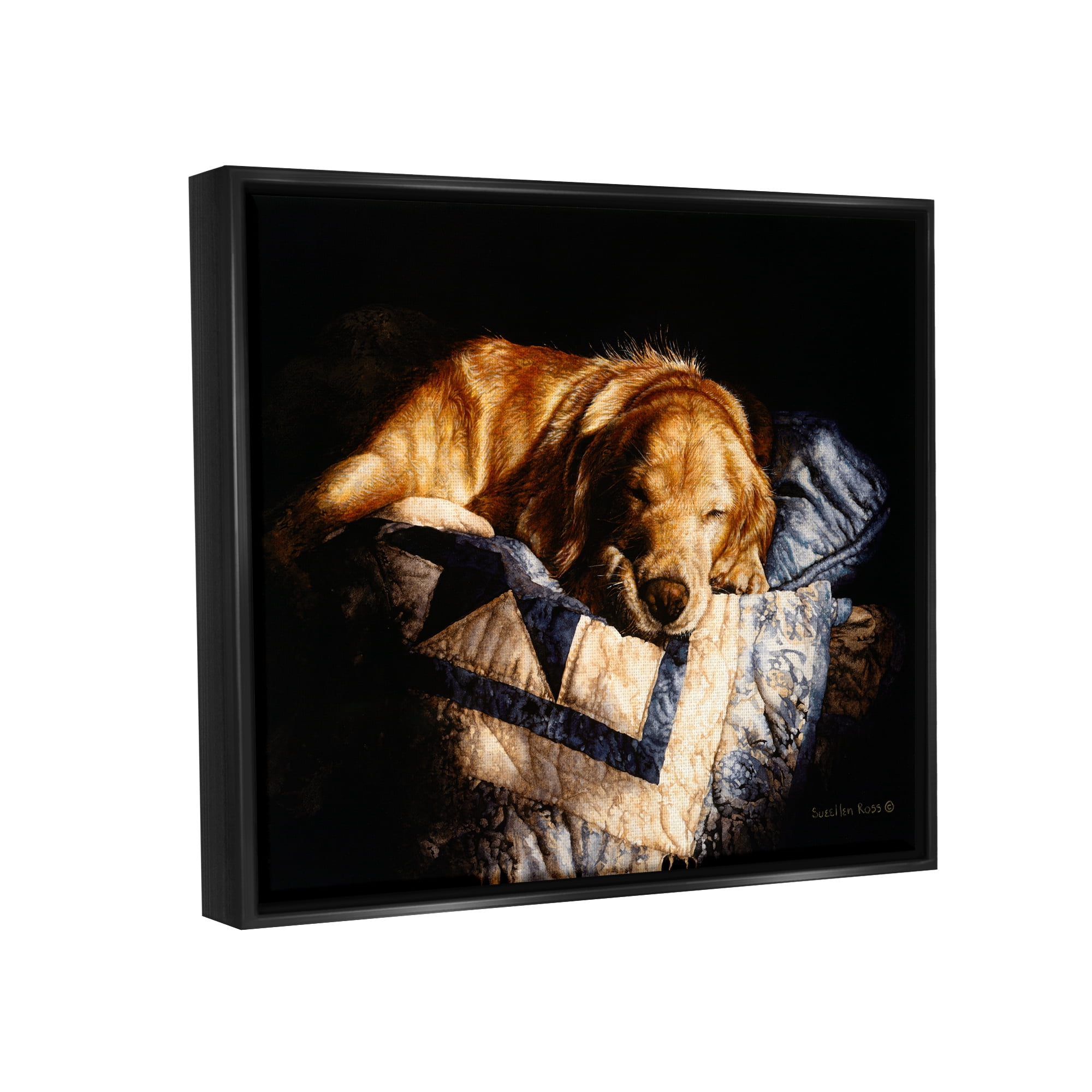 Stupell Industries Cozy Dog Sleeping Quilt Animal Animals & Insects Painting Black Floater Framed Art Print Wall Art