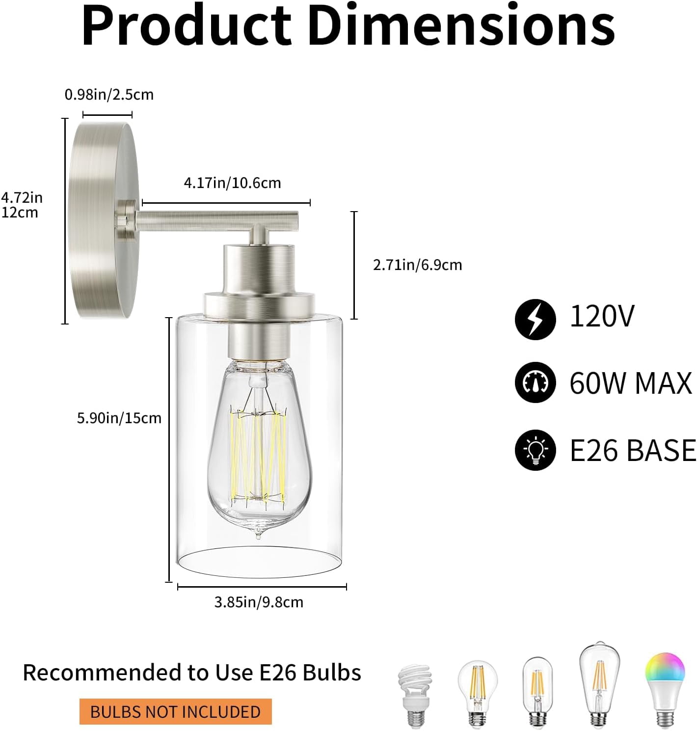 Brushed Nickel Wall Light: LED Wall Sconces Indoor, Modern Sconces Wall Lighting with E26 Base and Clear Glass Shade, Wall Light Fixtures for Bedroom, Hallway, Mirror, Living Room