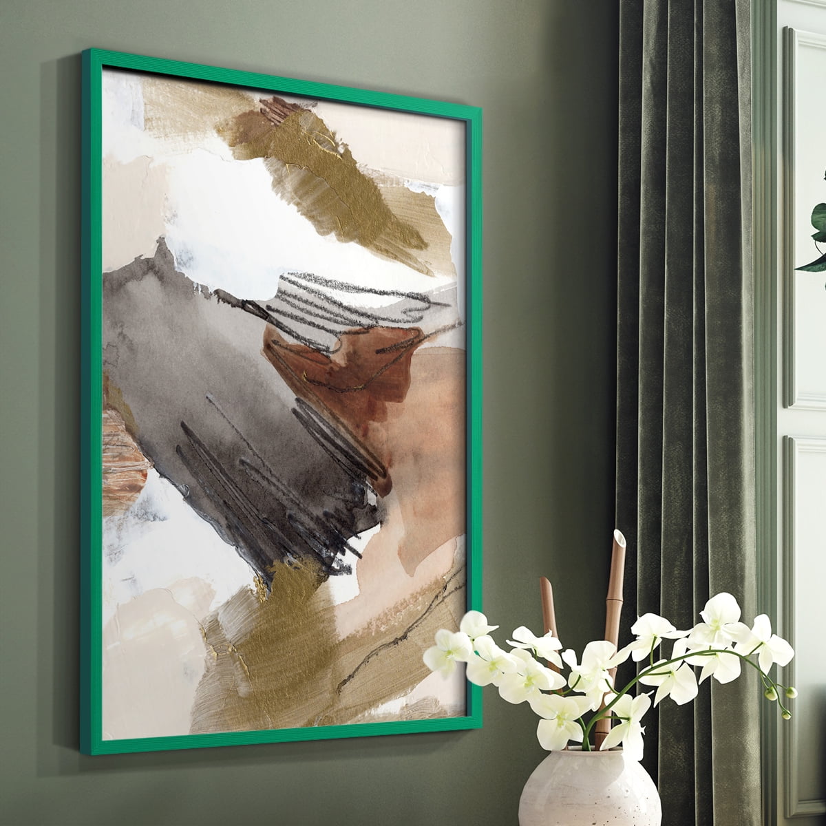 Antique Gold III Framed Print in Green Solid Wood Framed Print No Nail Hanging