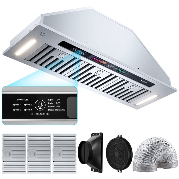 Campana empotrable 90 cm, 900 CFM, acero inoxidable, 4 velocidades, control por gestos y táctil, filtro de carbón, convertible con o sin ducto
