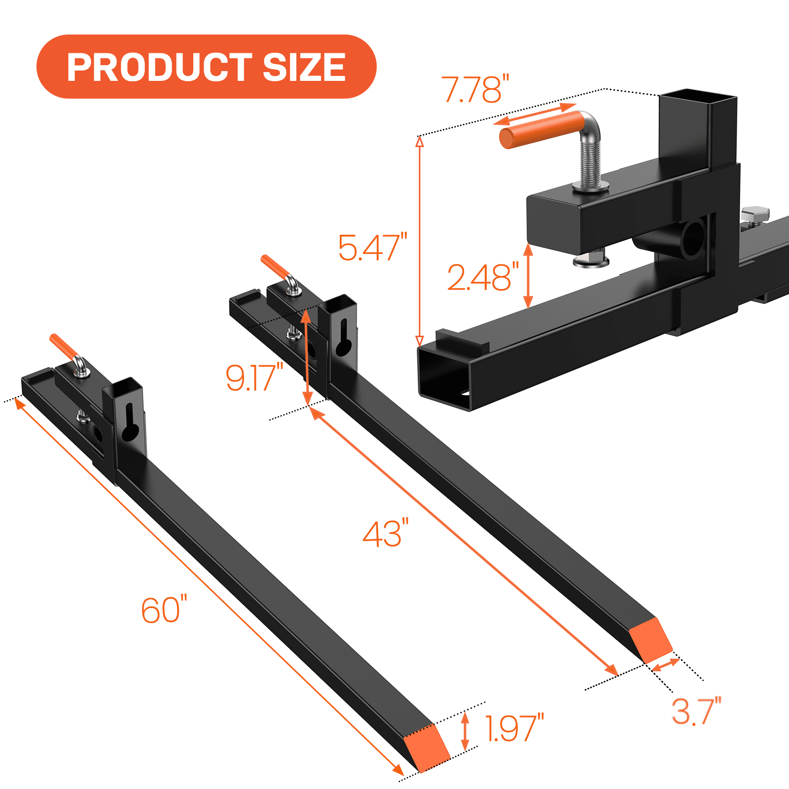 60 Inch Clamp on Pallet Forks, 4000lbs Capacity Heavy Duty Quick Attach