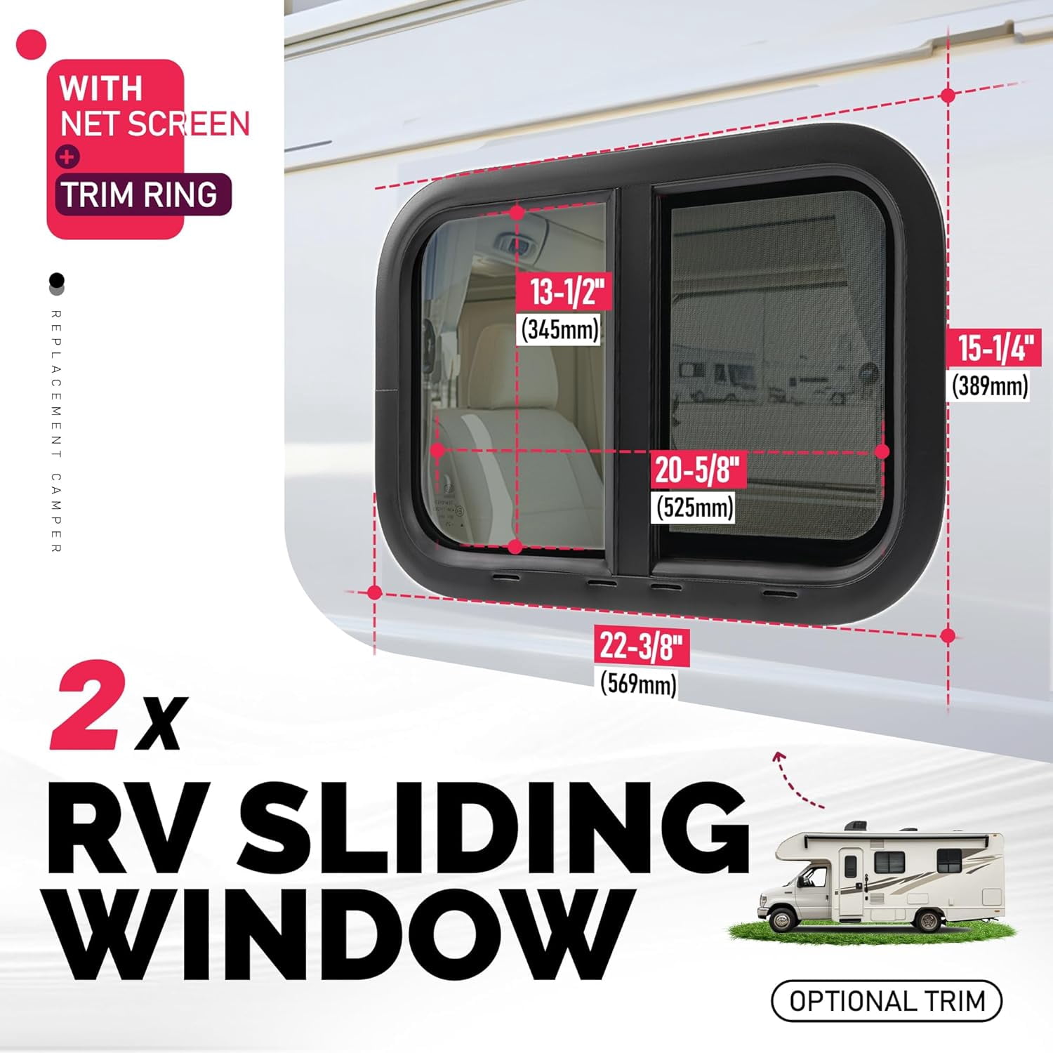 KOJEM RV Windows 21" W x 14" H w/Mesh Screen & Trim Ring 2 Pack Horizontal Window Tinted Universal Teardrop Side Window For Truck Camper Trailer Tempered Glass Aluminium Plastic Rubber Black