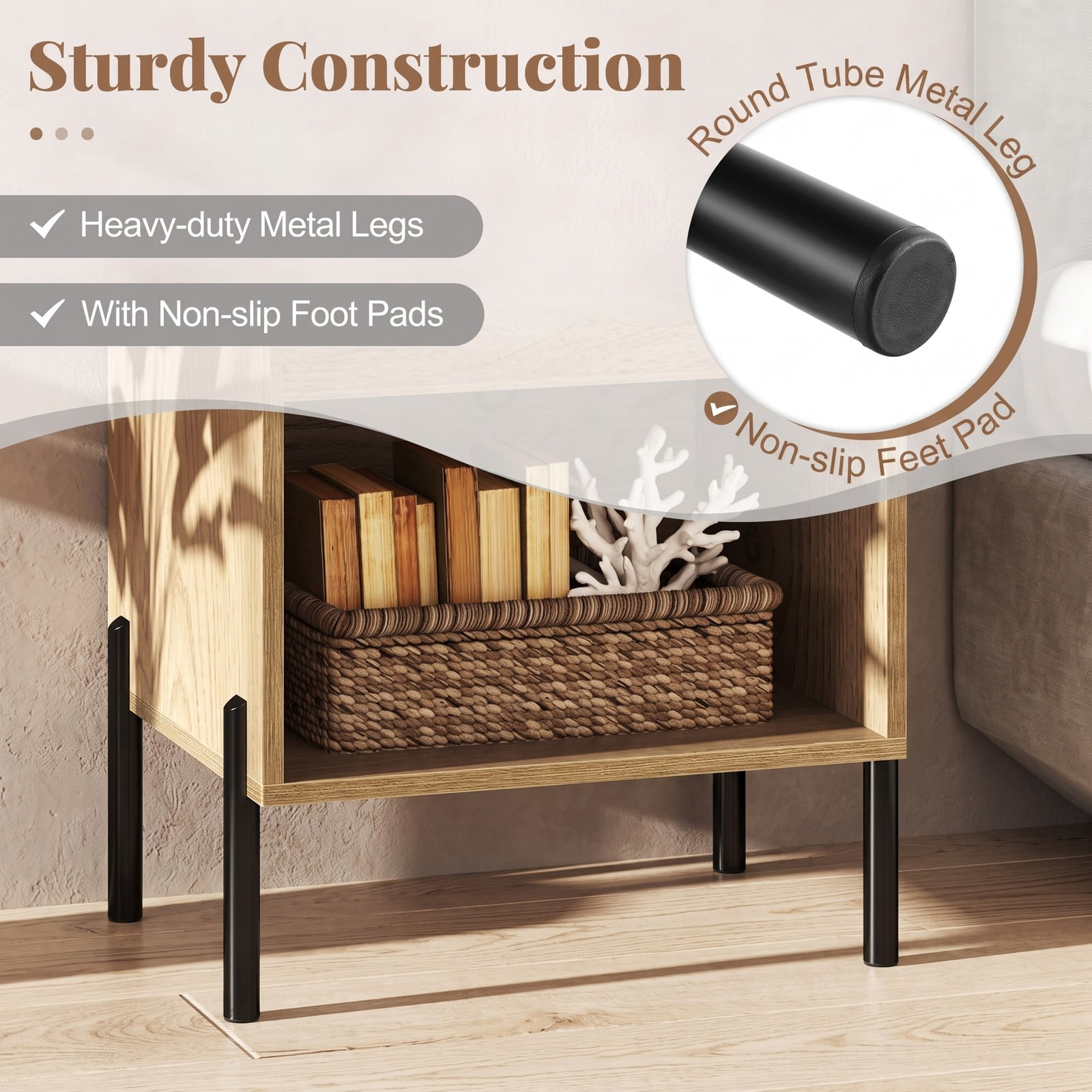 Furnibear Modern Nightstand with Charging Station for Bedroom, 1 Drawer and Open Compartment Bedside Table with Metal Legs, Natural