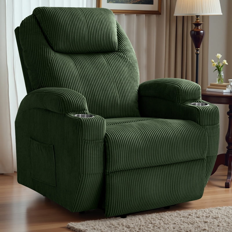 Furmax Electric Power Lift Recliner Soft Corduroy Chair Sofa with with 8 Vibrating Massages Ergonomic Lounge Chair with 2 Cup Holders and Side Pocket,Green