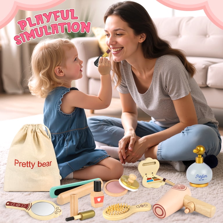 Flooyes Makeup Kit For Little Girl, Wooden Makeup Toy Set With
