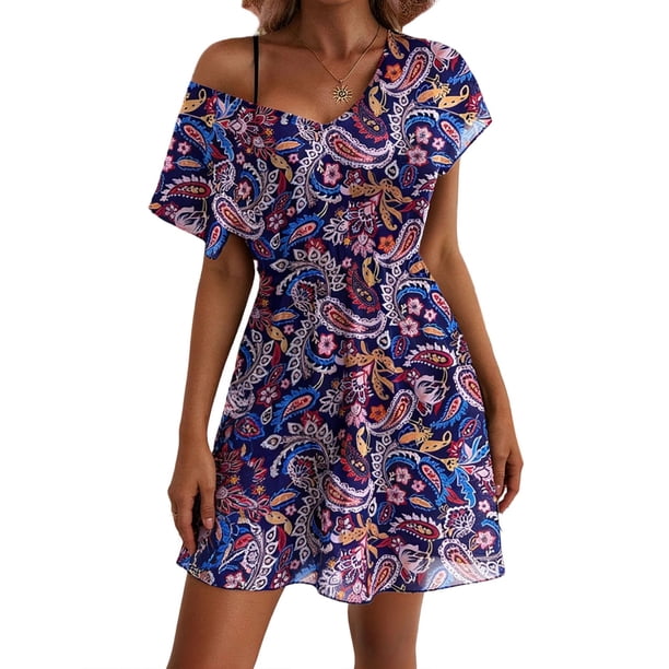 Vestido de Verano de Manga Corta para las Mujeres con Cuello en V Encajado Malla Casual Vacaciones Playa Cubrir Falda Maxi