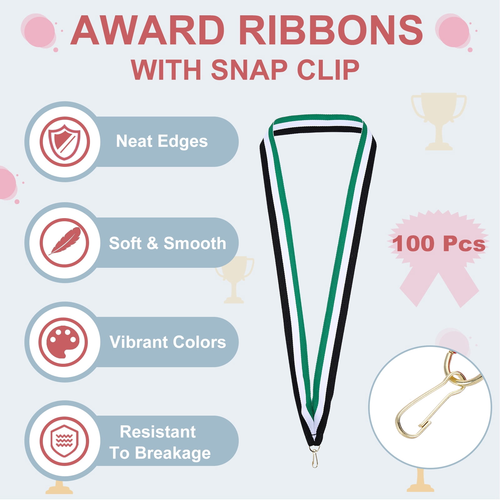 Uxcell Award Neck Ribbons with Snap Clips Polyester Medal Lanyards for Competitions Black/White/Green 100 Pack