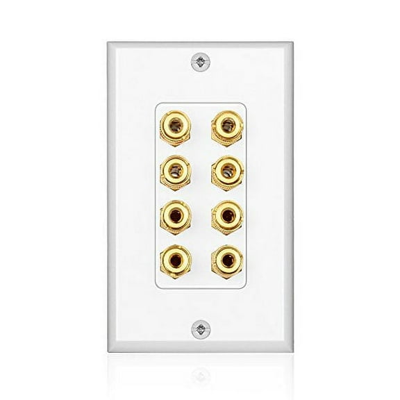 Home Theater Speaker Wall Plate Outlet - 4 Speaker Sound Audio Distribution Panel Gold Plated Copper Banana Plug Binding Post Connector Insert Jack Coupler (4 Pair, Single Gang, White)