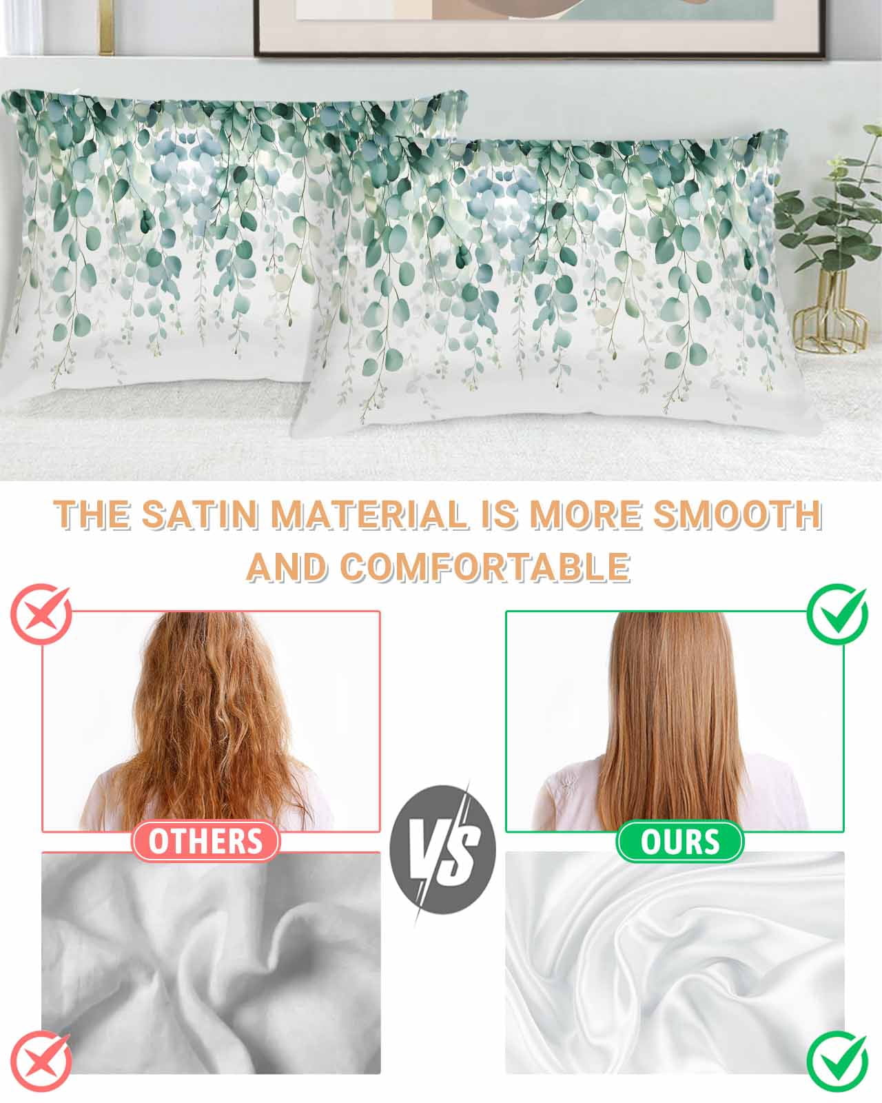 Eucalyptus Leaves Pillow Cases King Size Set of 2, Smooth Satin Pillowcase for Hair and Skin, Green Botanical Summer Spring Leaves Decorative Cooling Bed Pillow Covers with Zipper, 20x36 Inches