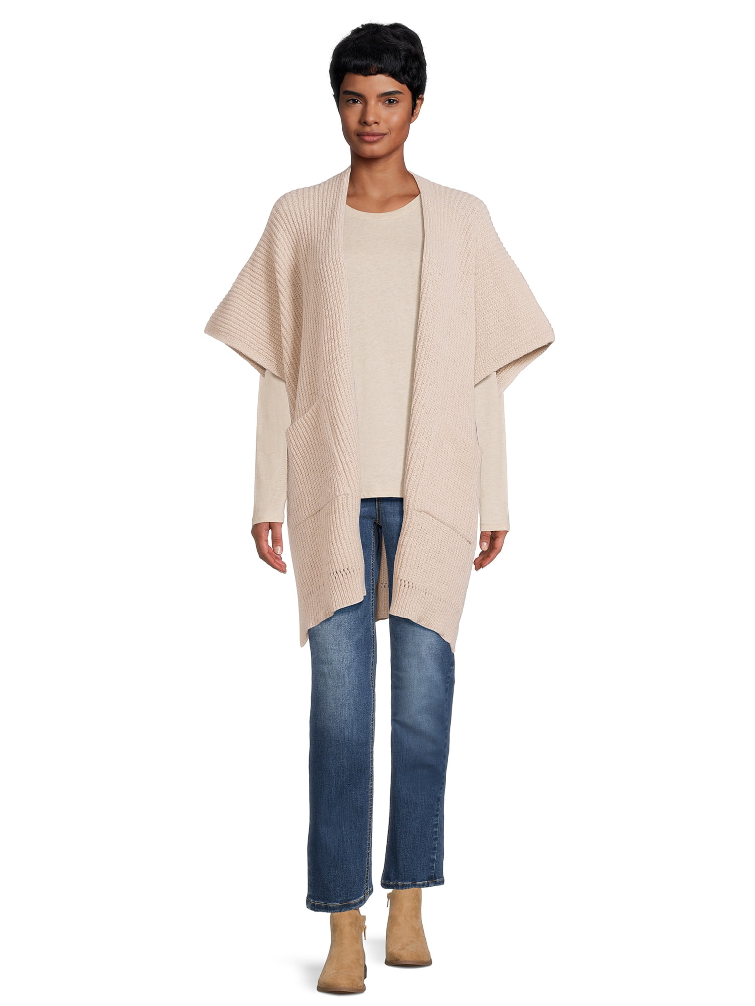 Time and Tru Women's Ribbed Sweater Cape with Pockets, Tan