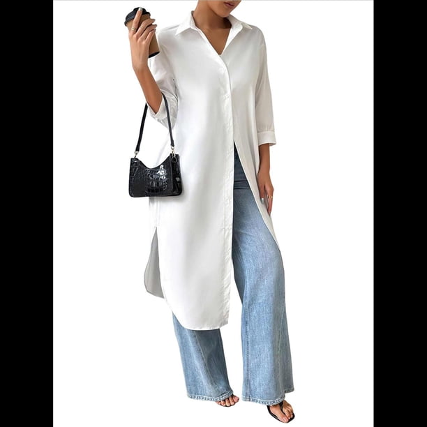 Camisas Casuales de Media con Botones para Mujer, Blusas Largas con Solapa , Tops L