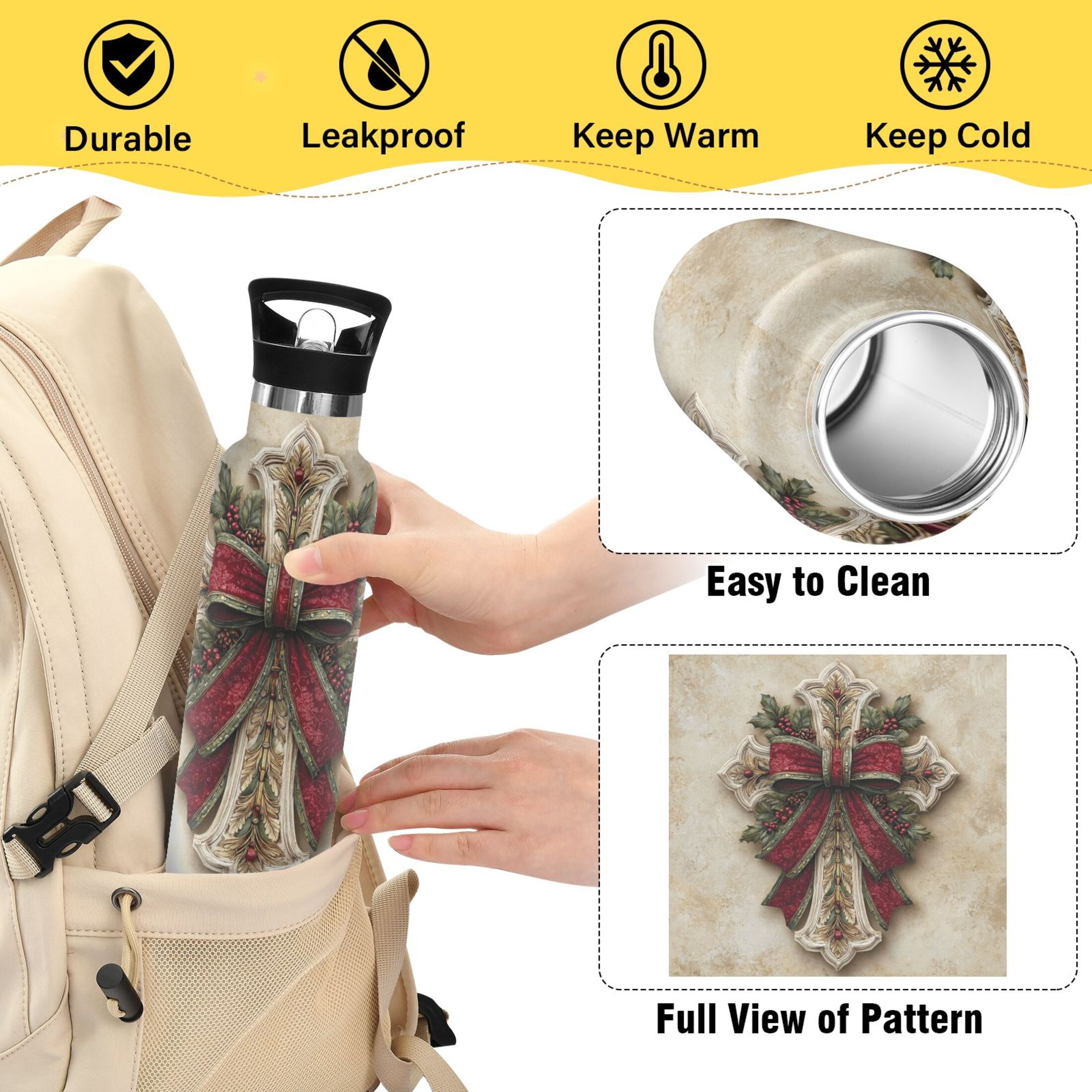 600ML Stainless Steel Insulated Cup Sports Water Bottle Portable Thermos Cup Water Glasses Insulated Tumblers Convenient and Durable Beautiful Christmas Cross