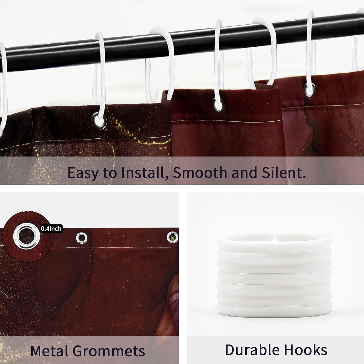 Burgundy Red Shower Curtain, Abstract Marble Fabric Shower Curtain for Bathroom, Modern Ombre Watercolor Ink Art Shower Curtain Set with Hooks, 72 x 72