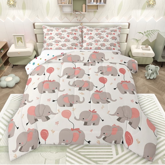 Manfei Cute Elephant Bedding Comforter Set,Kawaii Zoo Animal Twin Comforter Sets,Gray Beige Pink Bedding Set For Girls Boys,Microfiber Bedroom Decor Reversible,2 Pieces