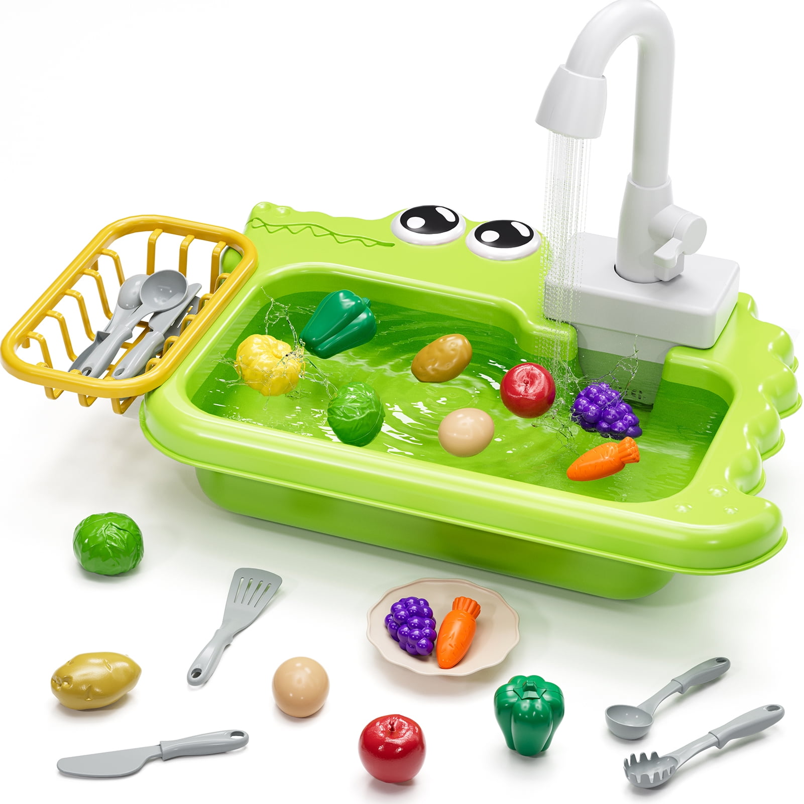 Mini Kitchen Play Sink Toys, Green, Girls Play Sink with Running Water Toys for Kids 3-6, Play Food Sets for Kids Kitchen Toys for Girls Ages 3 4 5