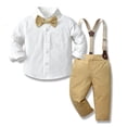 thumbnail image 2 of Toddler Boys Striped Suspender Gentleman Suit Birthday Wedding Outfit Soft Stripe Long Sleeve Shirts Solid Bow Tie Cotton Suspender Long Pants, 2 of 8