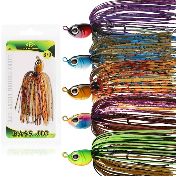 Swinging Bass Jigs – 5 Pack Swim Jigs 1/4 oz – Ebony Skirt, V-Wiggle Tail – Bass Pike Walleye