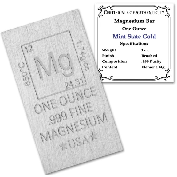 1 oz Magnesium Bar (Flat Style) .999 Pure Paperweight - Element Design with Certificate of Authenticity