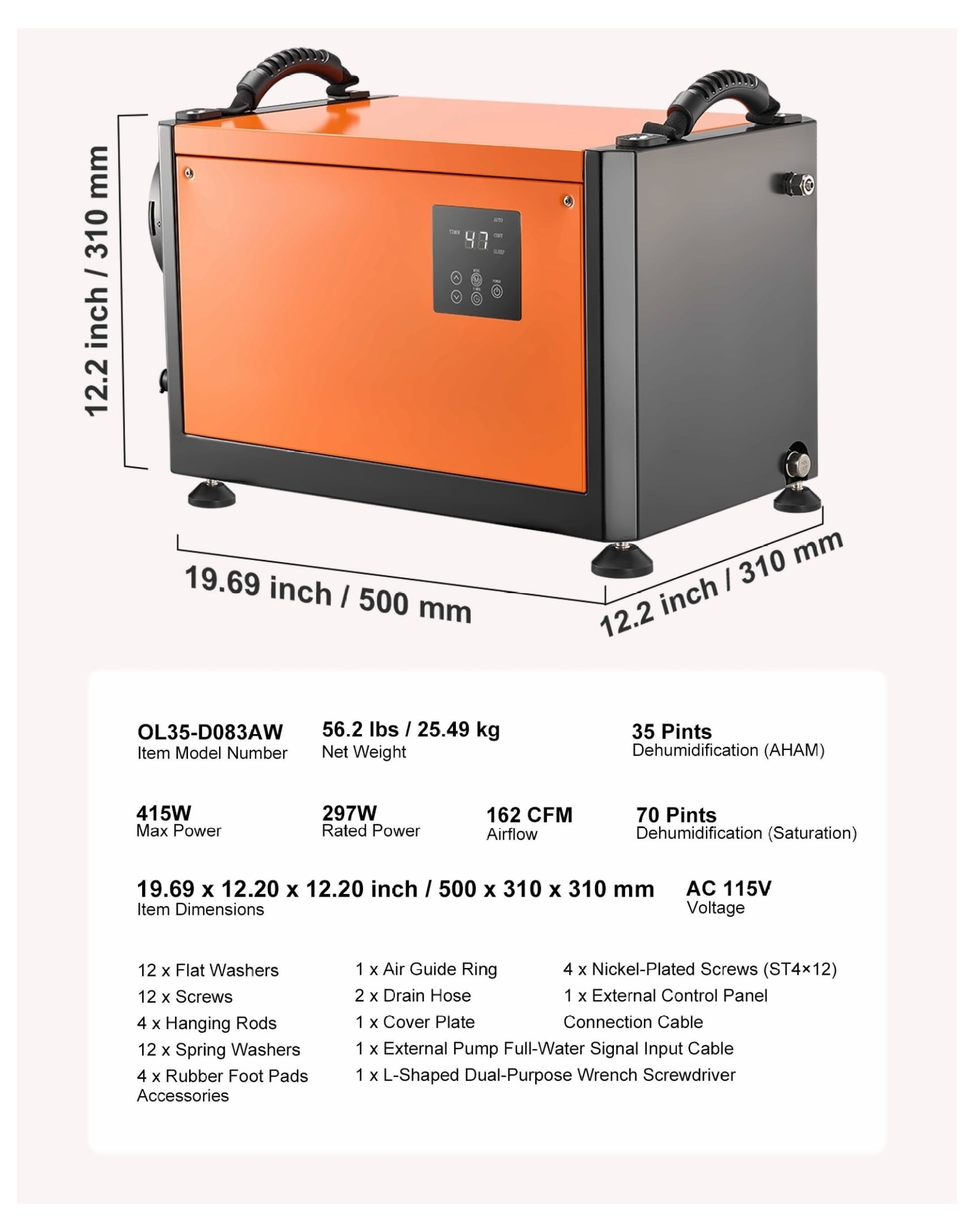 70 Pints Commercial Dehumidifier with Pump - Crawl Space & Basement Dehumidifier, Industrial Portable Dehumidifiers, Auto Defrost, Galvanized Steel