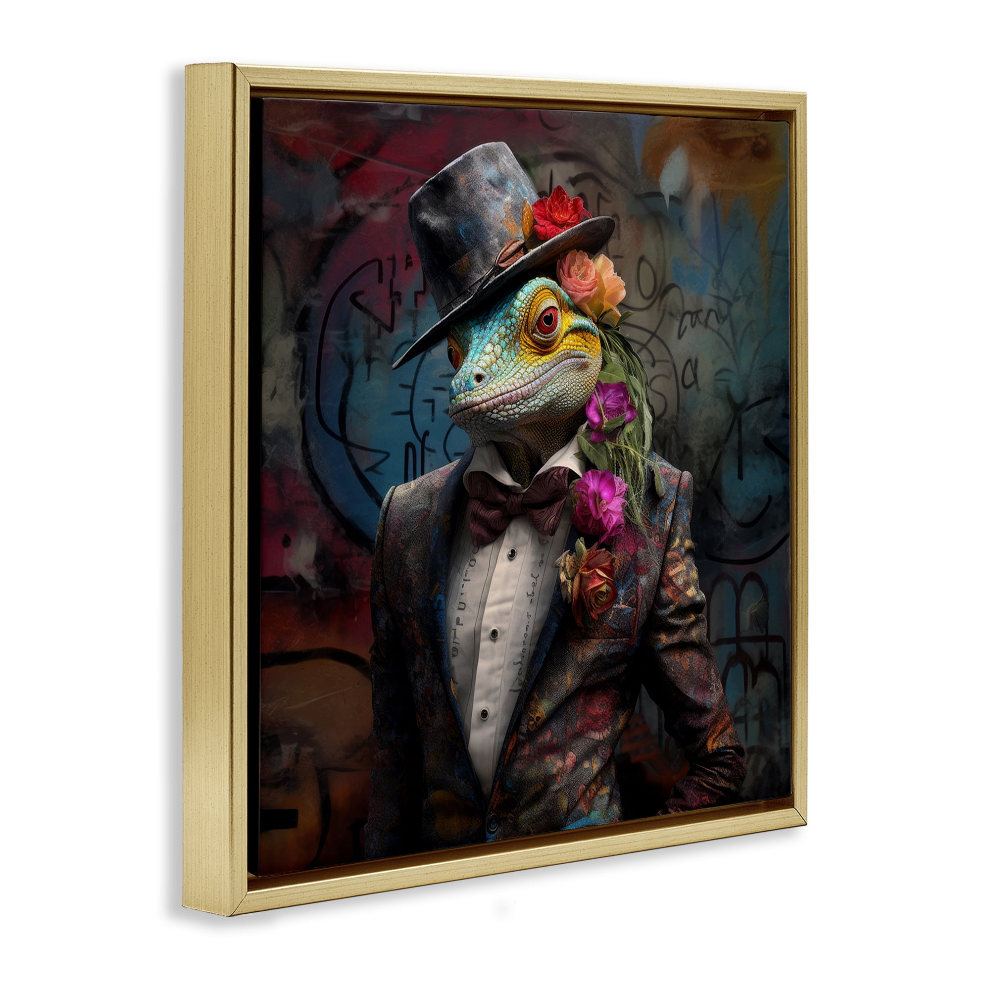 Stupell Industries Urban Graffiti Lizard Animals & Insects Painting Gold Floater Framed Canvas Art Print Wall Art, 18 x 18
